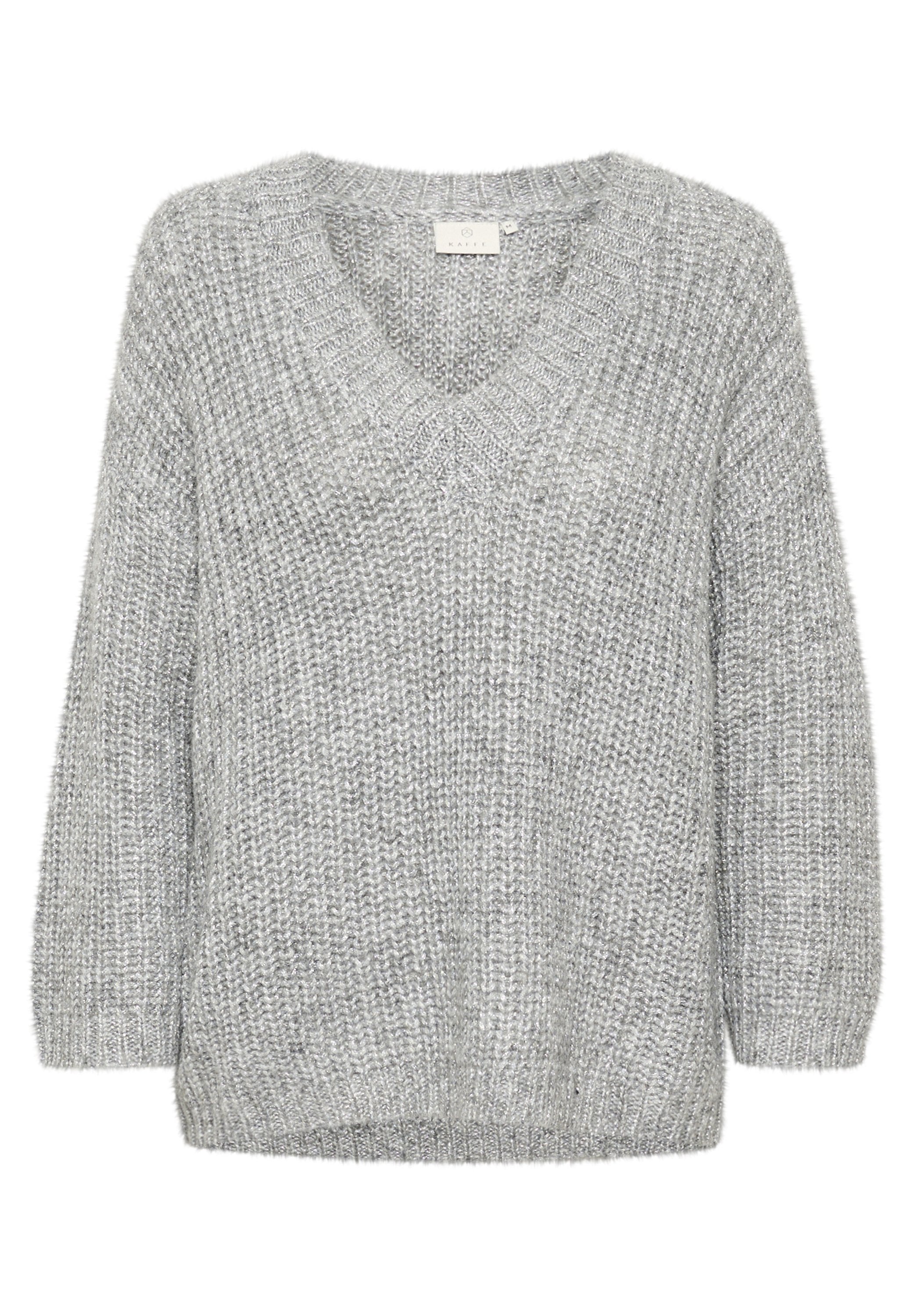 V-Ausschnitt, langärmliger Pullover in Hellgrau, mit einem strukturierten Strickmuster und gerippten Ärmelbündchen und Saum. Weiches Material mit lockerer Passform.