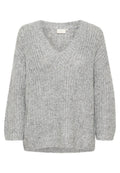 V-Ausschnitt, langärmliger Pullover in Hellgrau, mit einem strukturierten Strickmuster und gerippten Ärmelbündchen und Saum. Weiches Material mit lockerer Passform.