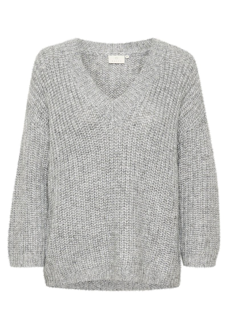 V-Ausschnitt, langärmliger Pullover in Hellgrau, mit einem strukturierten Strickmuster und gerippten Ärmelbündchen und Saum. Weiches Material mit lockerer Passform.