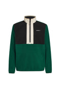 Grüner und schwarzer Fleece-Pullover mit hohem Kragen, halber Reißverschluss vorne und Logo. Verfügt über einfarbige Farben und eine weiche Textur über das gesamte Teil.