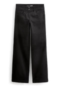 Schwarze weit geschnittene Jeans mit hoher Taille, doppeltem Knopfverschluss, fünf Taschen und einer glatten Denim-Oberfläche.
