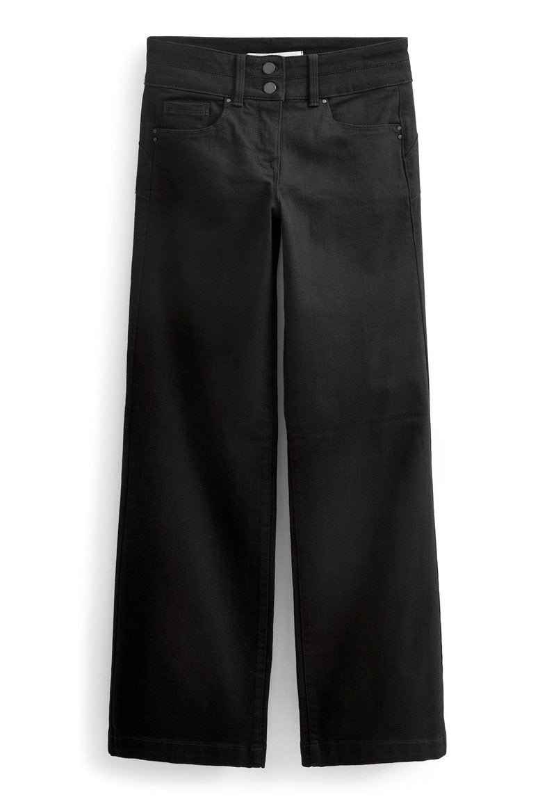 Schwarze weit geschnittene Jeans mit hoher Taille, doppeltem Knopfverschluss, fünf Taschen und einer glatten Denim-Oberfläche.