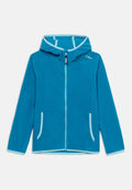 Blauer Fleecejacke mit Kapuze, durchgehendem Frontreißverschluss, zwei Taschen und hellblauer Einfassung entlang der Kanten und des Reißverschlusses.