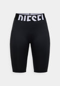 Schwarze Radhosen mit breitem weißem Logo-Bund, aus glattem, dehnbarem Stoff und figurbetontem Schnitt.