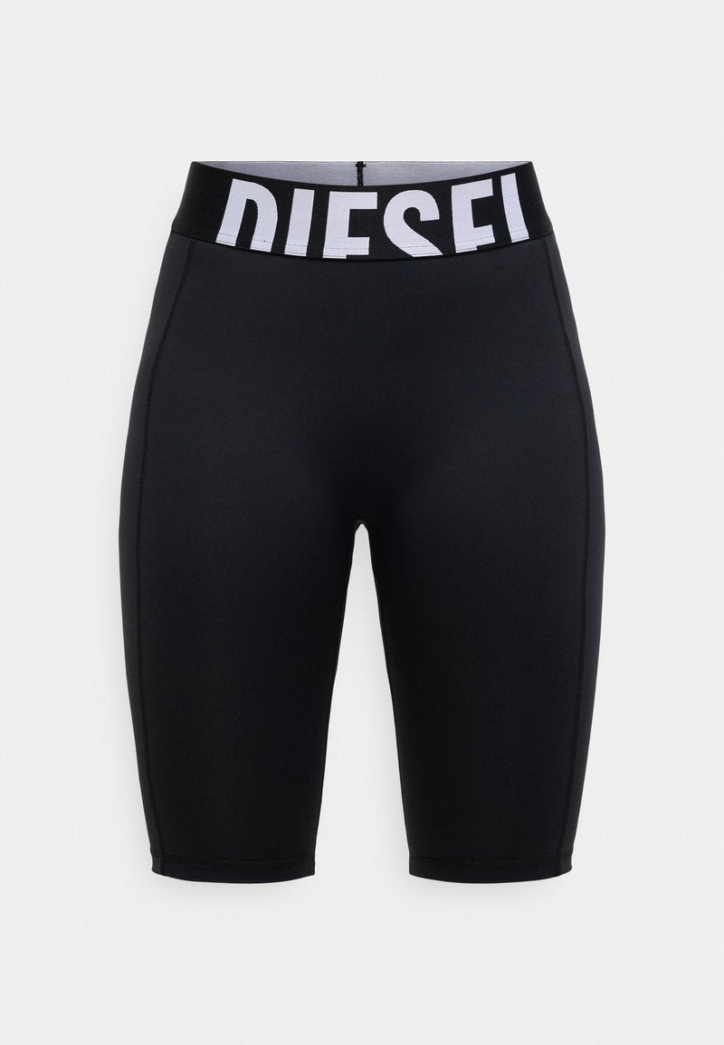 Schwarze Radhosen mit breitem weißem Logo-Bund, aus glattem, dehnbarem Stoff und figurbetontem Schnitt.