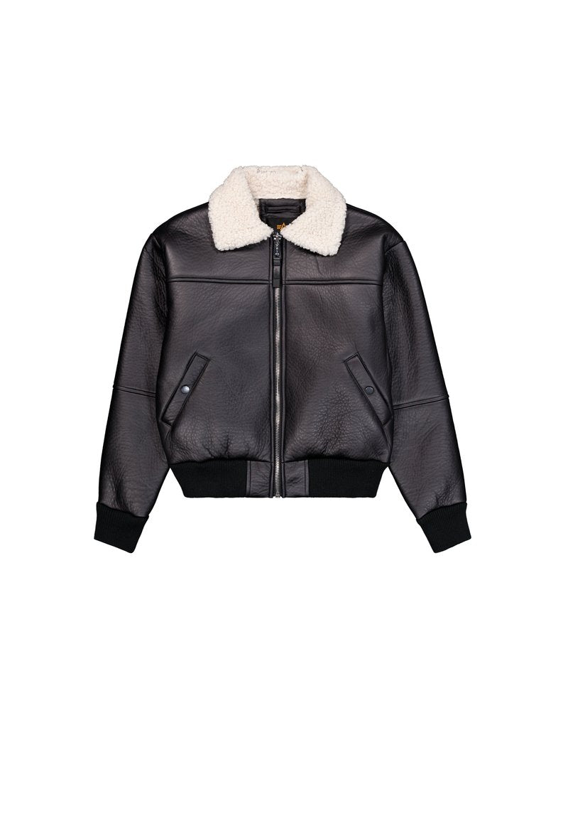 Schwarze Lederbomberjacke mit weißem Shearling-Kragen, Frontreißverschluss, zwei Druckknopf-Taschen und gerippten Bündchen und Saum.