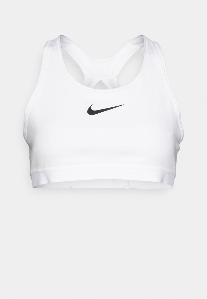 Weißer Sport-BH mit enganliegendem Schnitt, mit einem schwarzen Nike-Logo auf der Vorderseite und einem Kreuzdesign auf dem Rücken. Glattes Material und ohne Muster.