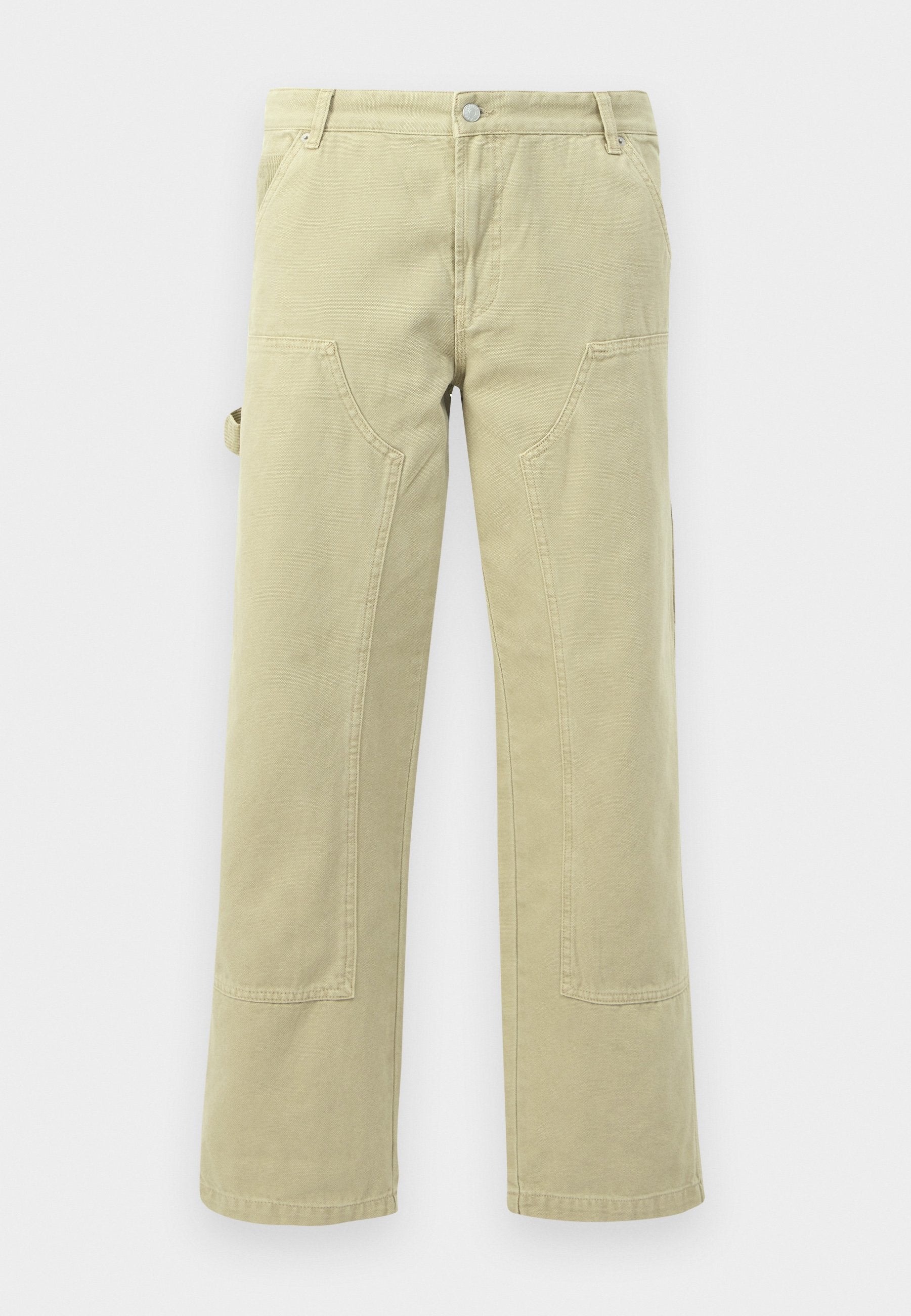 Beige Baumwoll-Hosen mit weitem Bein, ausgestattet mit vorderen und seitlichen Taschen, mit einer Panelnaht und einem Gürtelschlaufen am Bund.