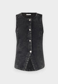 Schwarze Jeansweste mit rundem Hals, vorderer Knopföffnung und taillierter Passform. Besitzt einen leicht gebogenen Saum und sichtbare Nähte.