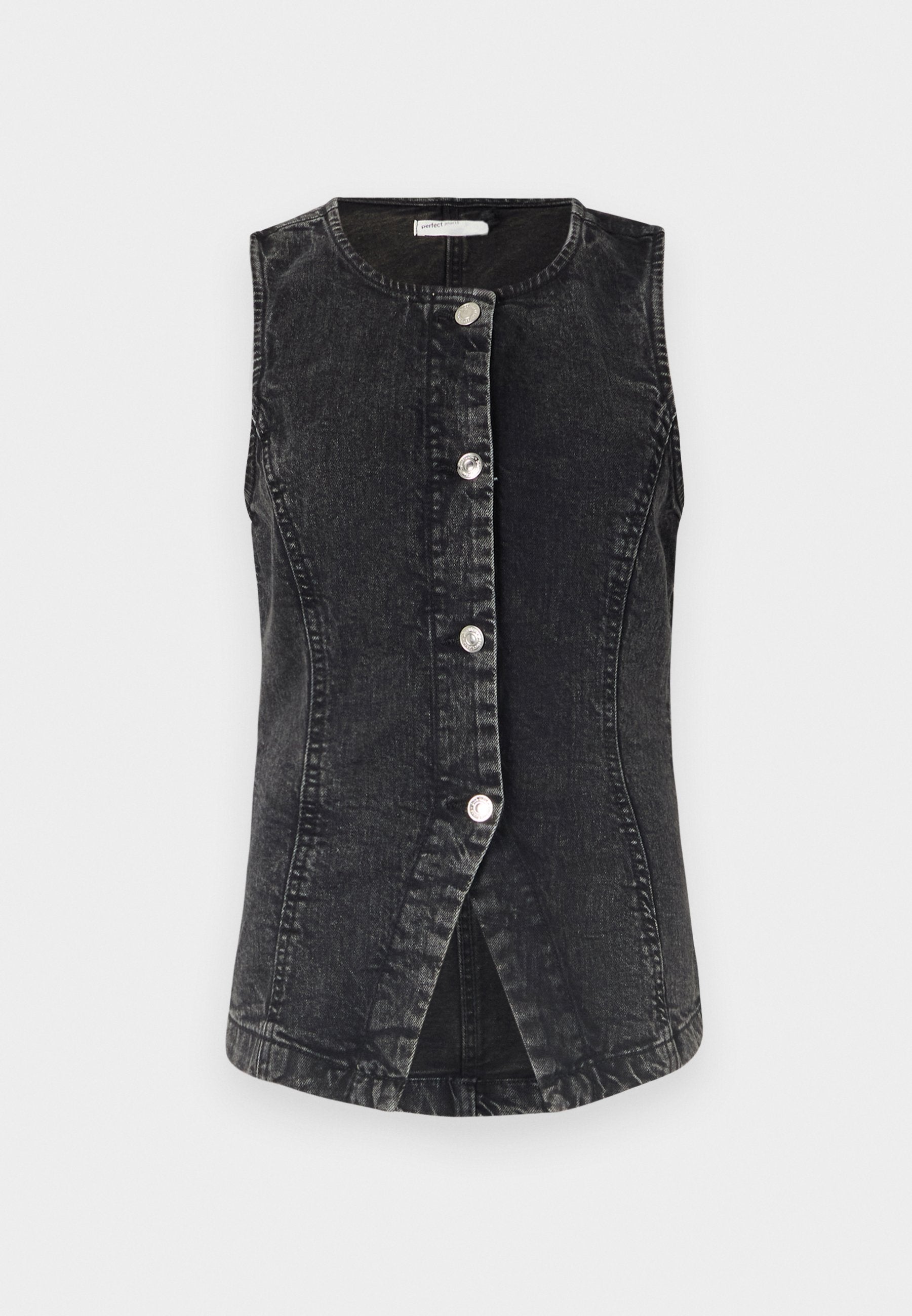 Schwarze Jeansweste mit rundem Hals, vorderer Knopföffnung und taillierter Passform. Besitzt einen leicht gebogenen Saum und sichtbare Nähte.