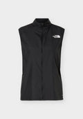Schwarze ärmellose Weste mit Reißverschluss und Stehkragen, seitlichen Reißverschlusstaschen und weißem The North Face Logo auf der Brust.
