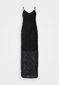 Schwarzes Spitzenkleid mit dünnen, verstellbaren Trägern, einem V-Ausschnitt und einem figurbetonten Oberteil, das zu einem langen, transparenten Spitzenrock reicht.