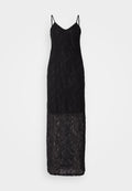 Schwarzes Spitzenkleid mit dünnen, verstellbaren Trägern, einem V-Ausschnitt und einem figurbetonten Oberteil, das zu einem langen, transparenten Spitzenrock reicht.