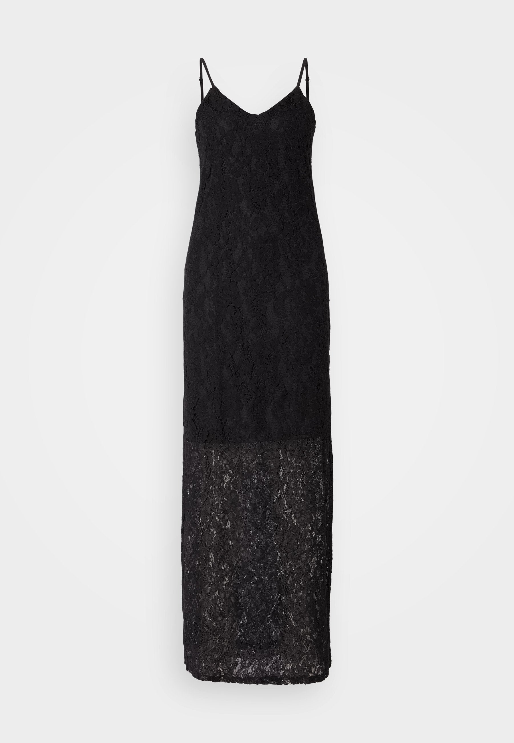 Schwarzes Spitzenkleid mit dünnen, verstellbaren Trägern, einem V-Ausschnitt und einem figurbetonten Oberteil, das zu einem langen, transparenten Spitzenrock reicht.