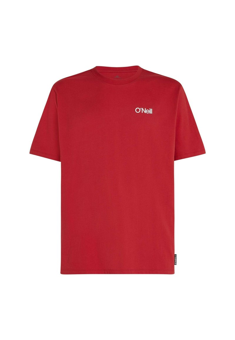 Rotes Baumwoll-T-Shirt mit Rundhalsausschnitt und kurzen Ärmeln. Auf der Brust befindet sich ein kleines weißes "O'Neill"-Logo. Glatte, leichte Textur.