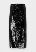 Schwarzer Bleistiftrock mit Pailletten, der eine schlanke Silhouette und eine glatte Textur aufweist, Licht mit silbernen Akzenten reflektiert und einen hohen Bund hat.