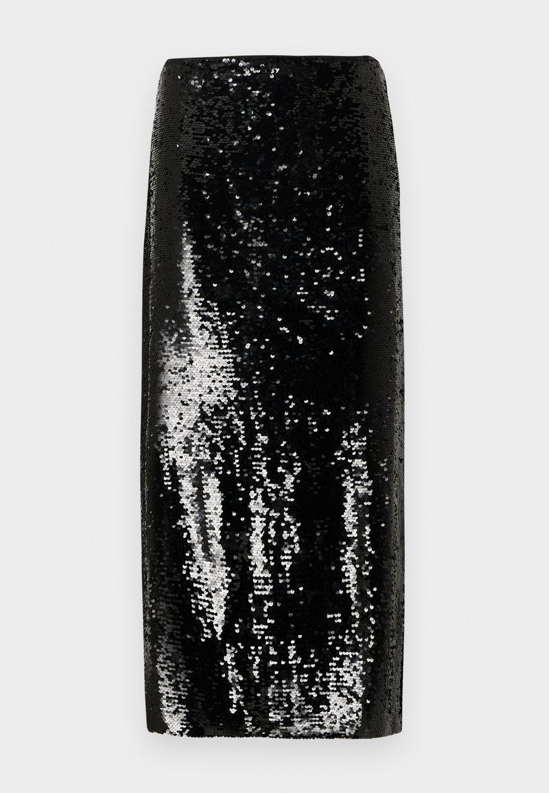 Schwarzer Bleistiftrock mit Pailletten, der eine schlanke Silhouette und eine glatte Textur aufweist, Licht mit silbernen Akzenten reflektiert und einen hohen Bund hat.