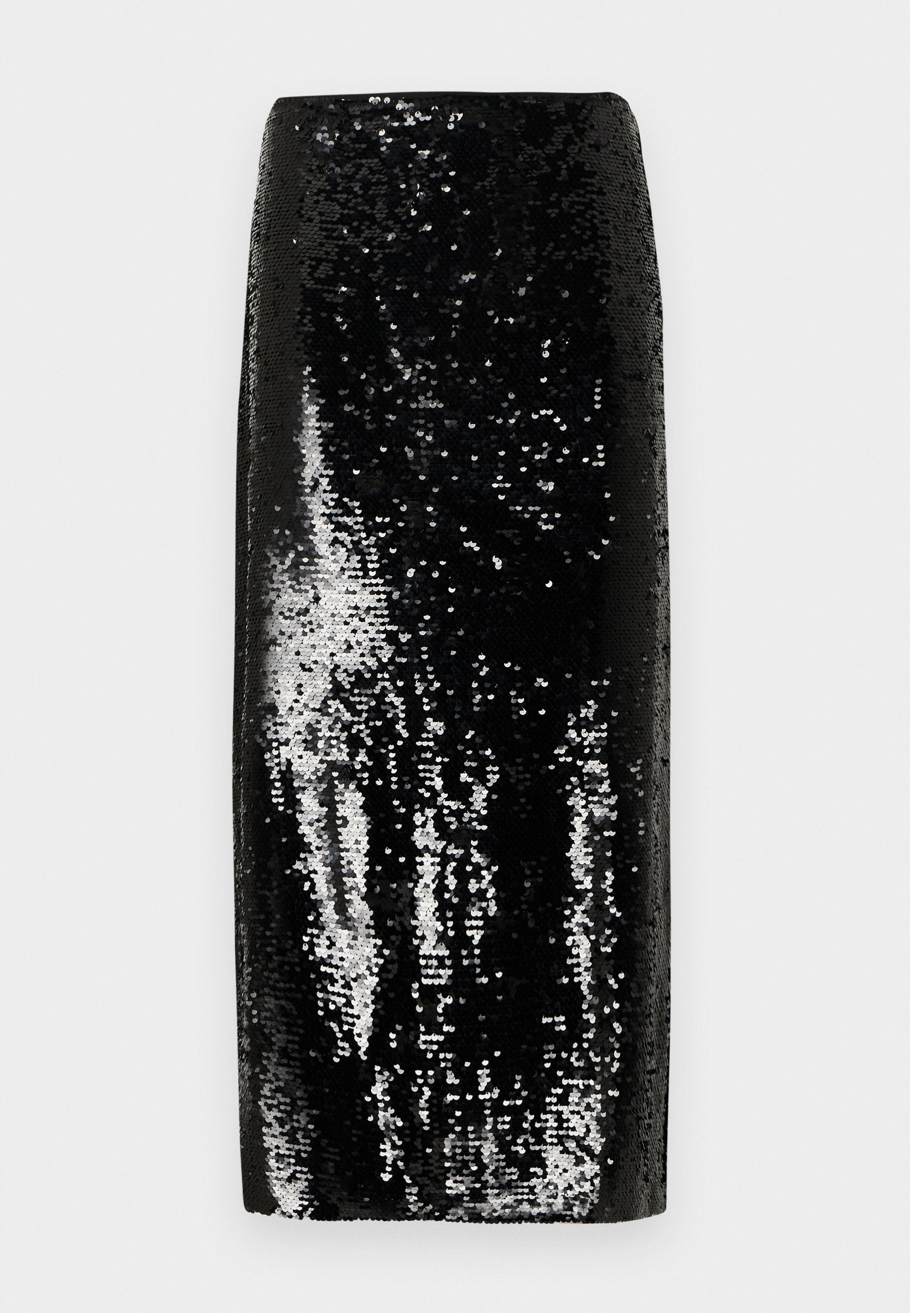 Schwarzer Bleistiftrock mit Pailletten, der eine schlanke Silhouette und eine glatte Textur aufweist, Licht mit silbernen Akzenten reflektiert und einen hohen Bund hat.