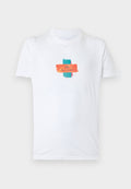 Weißes T-Shirt mit kurzen Ärmeln und einer kleinen orange- und türkisfarbenen Grafik in der Mitte mit dem Text „PS Paul Smith.“