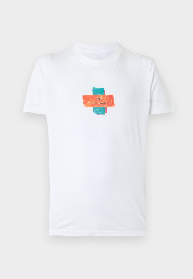 Weißes T-Shirt mit kurzen Ärmeln und einer kleinen orange- und türkisfarbenen Grafik in der Mitte mit dem Text „PS Paul Smith.“