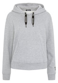 Grauer Kapuzenpullover mit einer Vorder-Tasche, Kordelzügen und gerippten Bündchen. Verfügt über ein bedrucktes Etikett und eine glatte Textur.