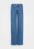 Weite blaue Jeans aus Denim mit hoher Taille, Fünf-Taschen-Design und sichtbaren Nähten an den Säumen. Glatte Textur, klassischer Look.