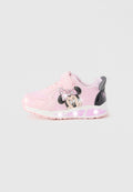 Pinkfarbener Sportschuh mit glänzendem Finish, einer Minnie-Maus-Grafik an der Seite, einem Klettverschluss und einer leuchtenden Sohle.