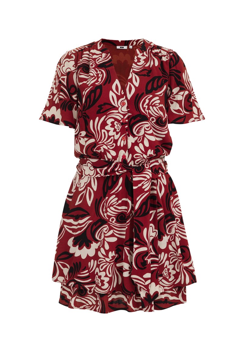 Rotes Kleid mit kurzen Ärmeln und V-Ausschnitt, das mit einem großen weißen und schwarzen Blumenmuster, einem Taillengürtel und einem ausgestellten Rock versehen ist.