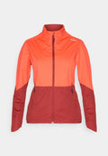 Damen Softshelljacke in zweifarbigen Rot- und Orangetönen mit durchgehendem Frontreißverschluss, hohem Kragen und Reißverschlusstaschen an den Seiten.