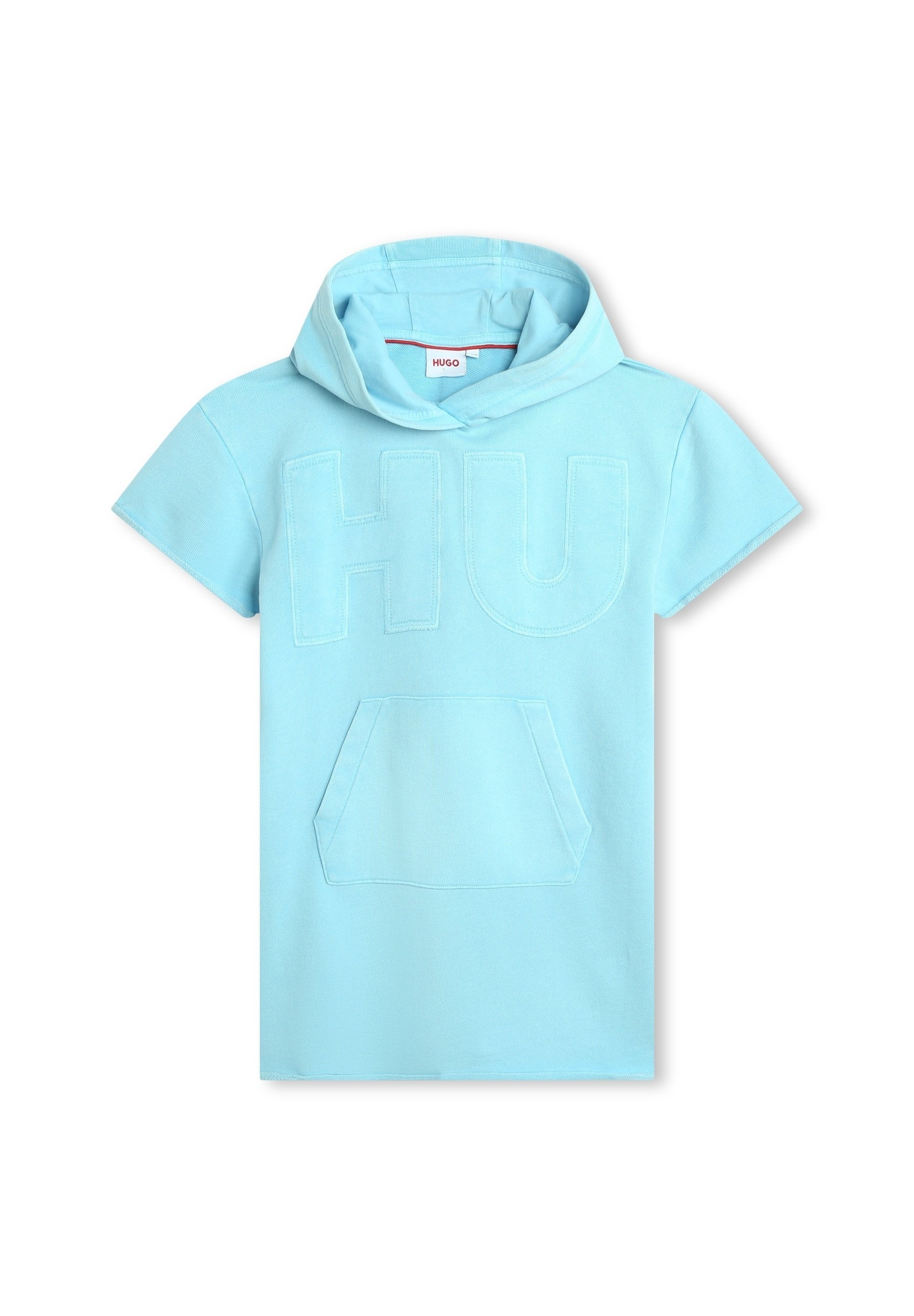 Helles blaues Kurzarm-Hoodie mit einer Vorderseite-Tasche und erhabenem "HU"-Schriftzug. Hergestellt aus weichem Stoff, ideal für die Freizeit.