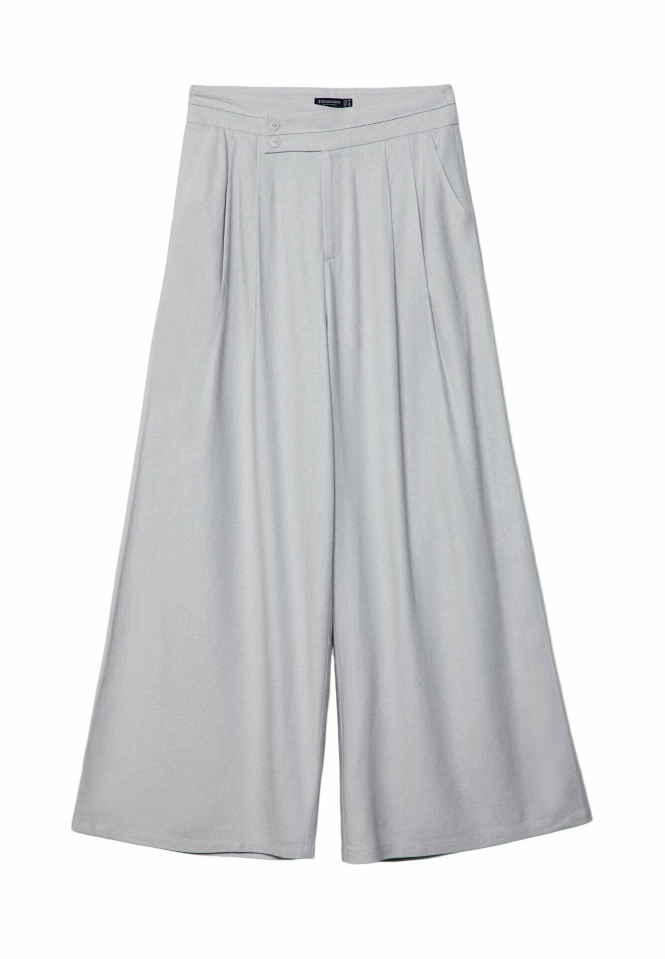Helle graue weit geschnittene Hose aus glattem Stoff, mit hoher Taille, Falten und zweireihigem Knopfverschluss vorne.