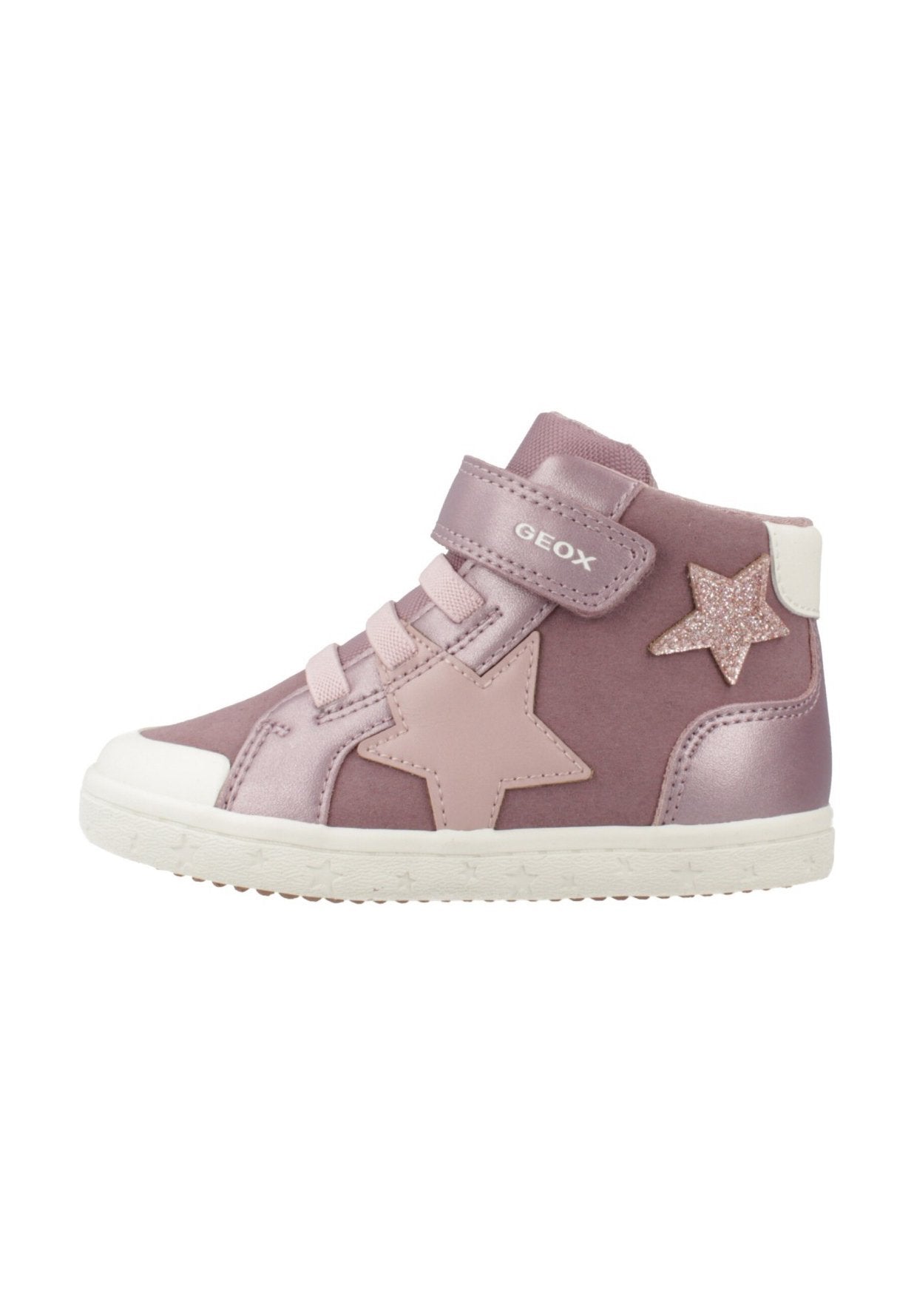 Rosa Kleinkind-Hochschnitt-Sneaker mit zwei Stern-Patches, einem mit "GEOX" beschrifteten Klettverschluss und weißer Gummisohle mit Sternenmuster.