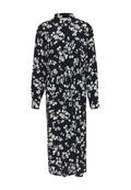 Langes, schwarzes Blumenkleid mit Kragen, Knopfverschluss, langen Ärmeln und gebundenem Taillengürtel. Verziert mit weißen und hellgrauen Blumenmustern. Weicher Stoff.