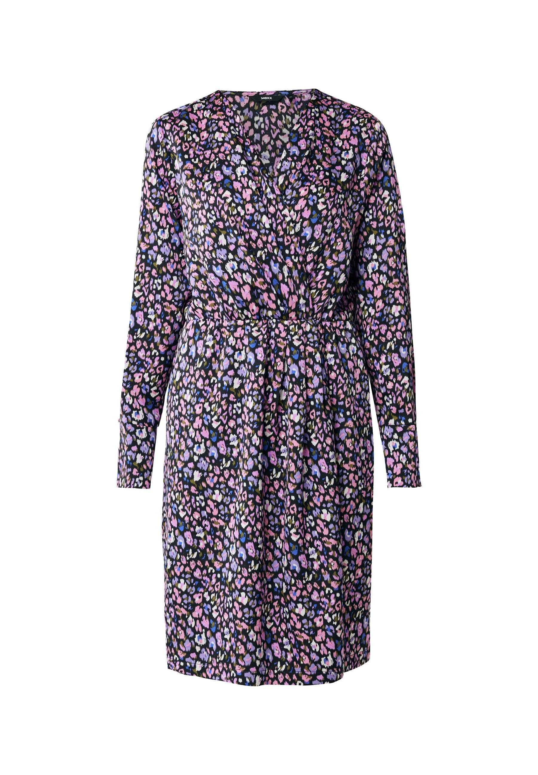 Blumenkleid mit langen Ärmeln, tiefem V-Ausschnitt und elastischem Bund. Schwarzer Hintergrund mit lila und rosa Blumenmuster.