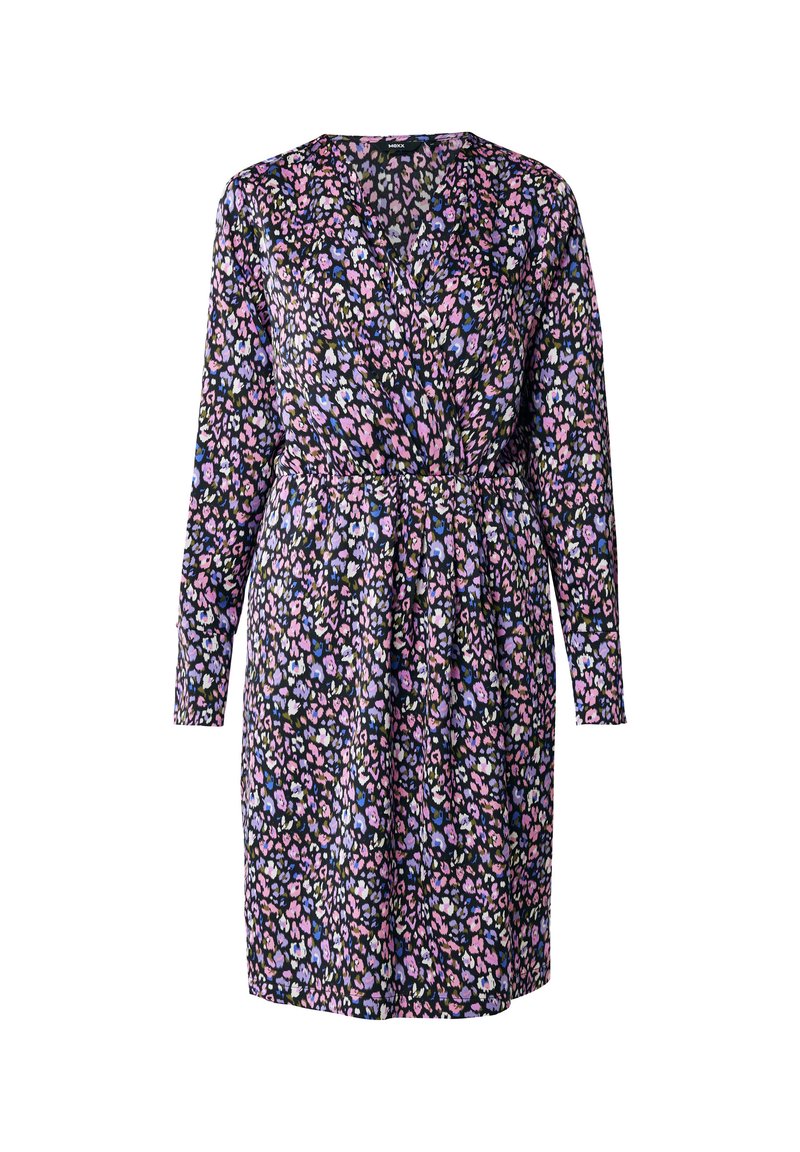 Blumenkleid mit langen Ärmeln, tiefem V-Ausschnitt und elastischem Bund. Schwarzer Hintergrund mit lila und rosa Blumenmuster.