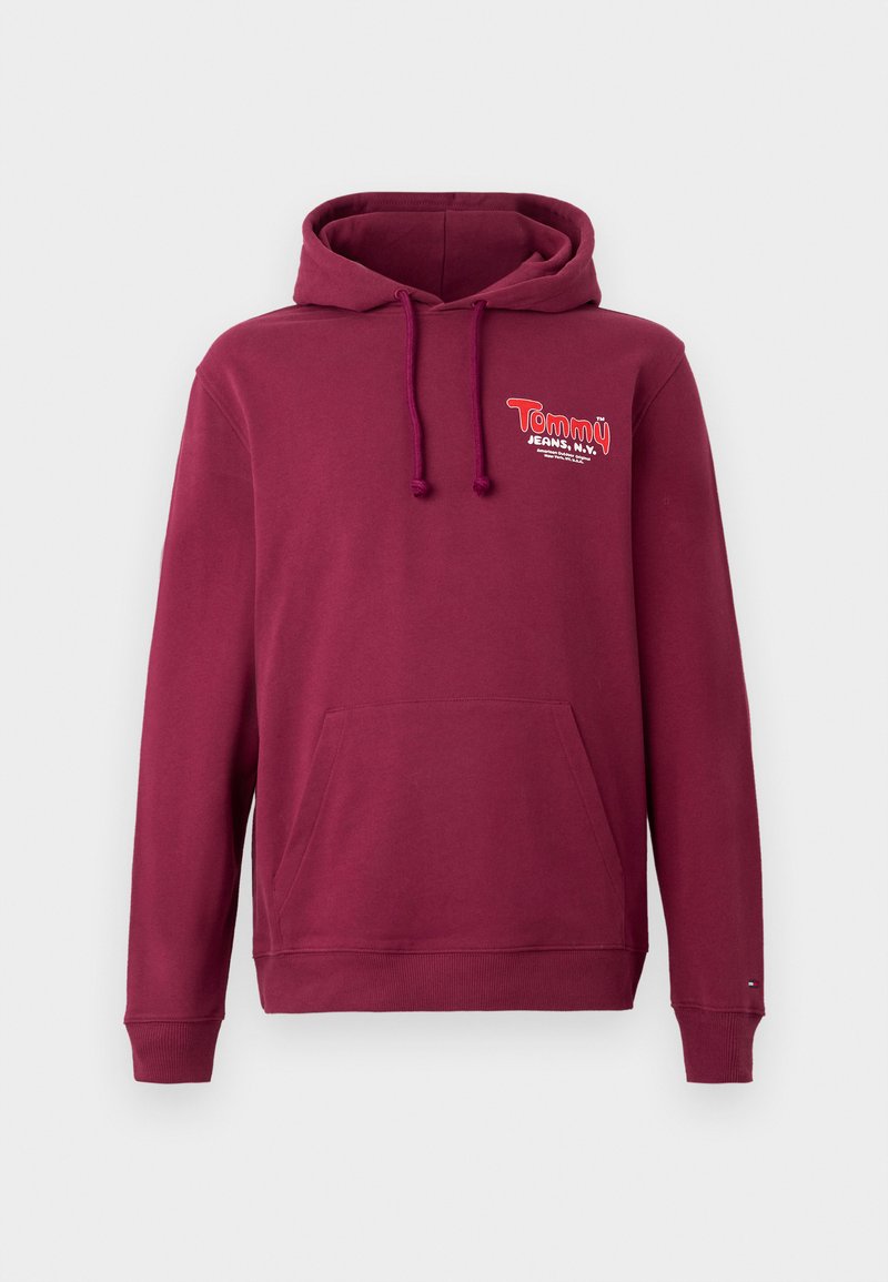 Burgunderfarbener Hoodie aus Baumwollmischung, mit Kängurutasche, verstellbarem Zugband an der Kapuze und besticktem Logo auf der Brust.