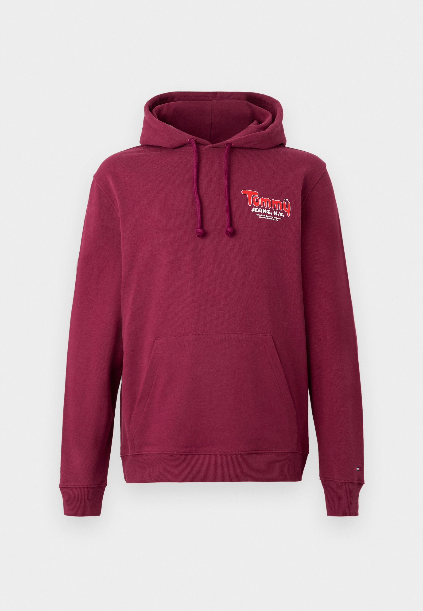 Burgunderfarbener Hoodie aus Baumwollmischung, mit Kängurutasche, verstellbarem Zugband an der Kapuze und besticktem Logo auf der Brust.