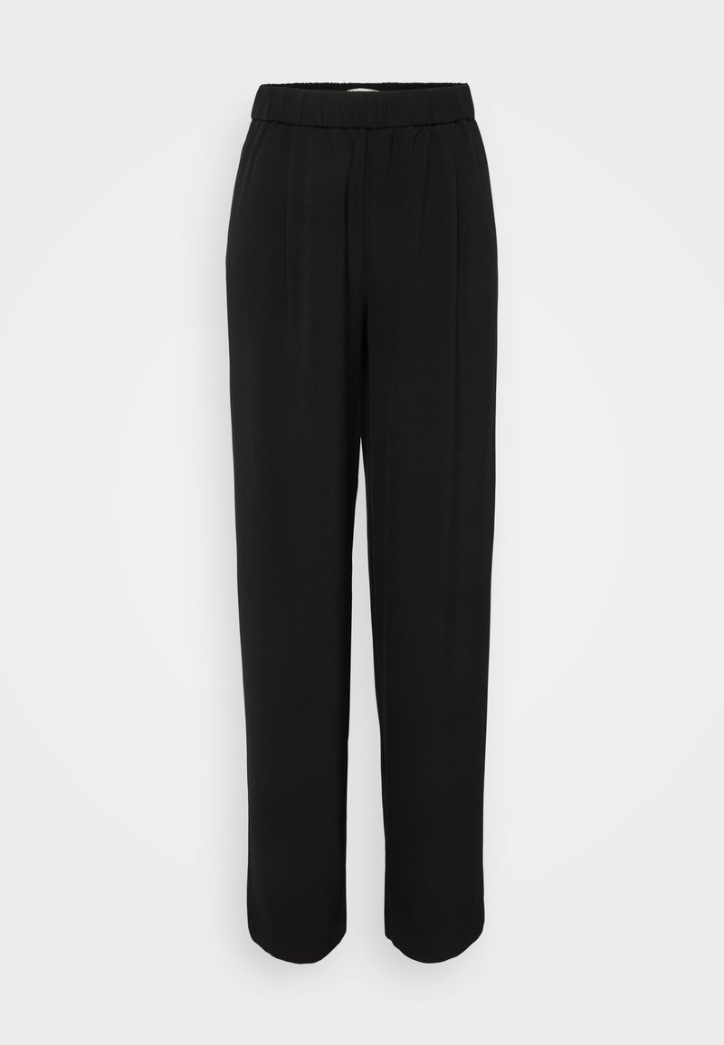 Schwarze Hose mit lockerem Schnitt, elastischem Bund und geraden Beinen. Hergestellt aus glattem Stoff ohne sichtbare Muster oder Beschläge.