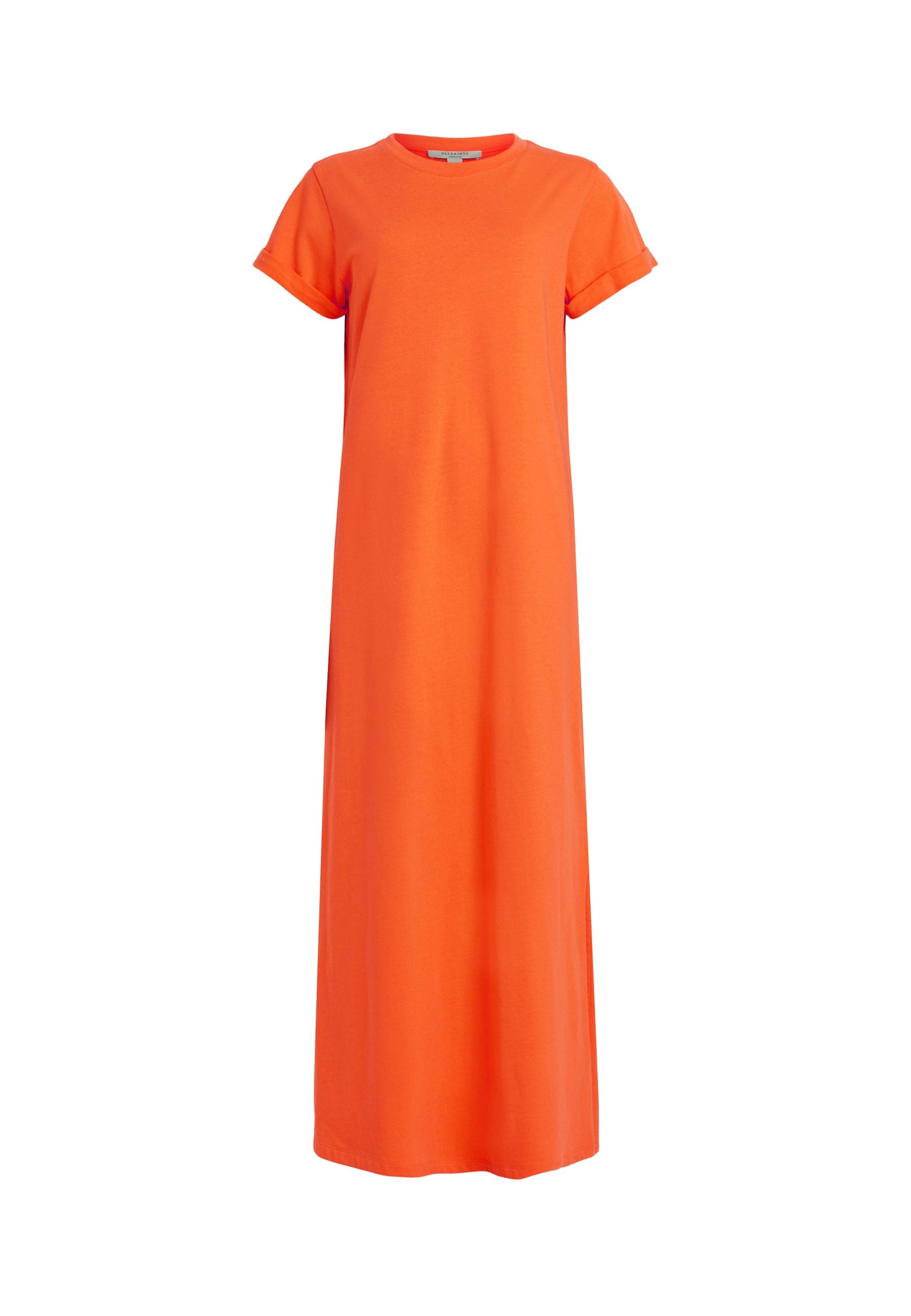 Oranges, knöchellanges T-Shirt-Kleid aus weichem Stoff, mit umgeschlagenen kurzen Ärmeln und rundem Ausschnitt, ohne zusätzliche Muster oder Hardware.
