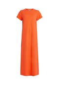 Oranges, knöchellanges T-Shirt-Kleid aus weichem Stoff, mit umgeschlagenen kurzen Ärmeln und rundem Ausschnitt, ohne zusätzliche Muster oder Hardware.