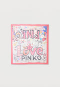 Quadratisches Tuch mit pinkem Rand und farbenfrohen Graffiti-Texten und Zeichnungen, darunter die Worte "Love PINKO" sowie verschiedene Herzen und Sterne.
