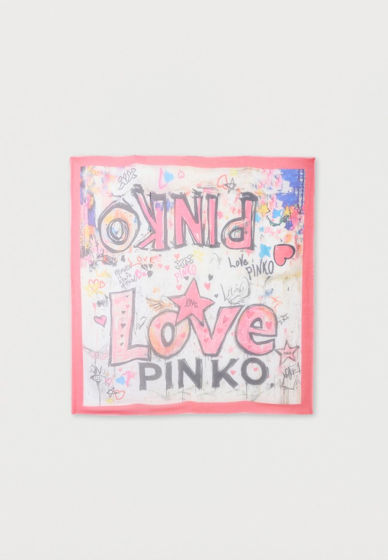 Quadratisches Tuch mit pinkem Rand und farbenfrohen Graffiti-Texten und Zeichnungen, darunter die Worte "Love PINKO" sowie verschiedene Herzen und Sterne.