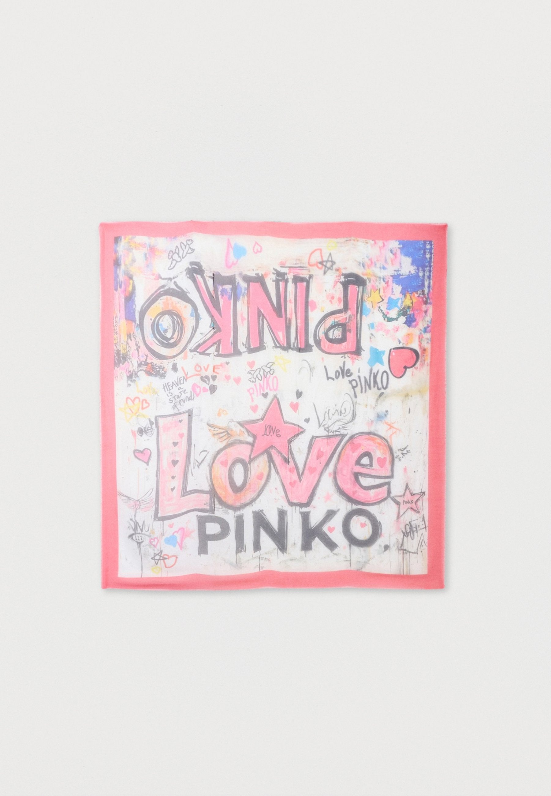 Quadratisches Tuch mit pinkem Rand und farbenfrohen Graffiti-Texten und Zeichnungen, darunter die Worte "Love PINKO" sowie verschiedene Herzen und Sterne.