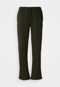 Dunkelgrüne Sweatpants aus weichem Material, mit einem elastischen Bund und Kordelzug sowie weit geschnittenen Beinöffnungen.