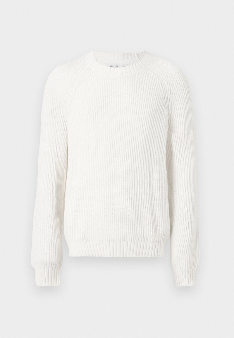 Weißer gerippter Pullover mit rundem Halsausschnitt, überschnittenen Schultern und langen Ä sleeves. Verfügt über strukturierten Stoff und einen geraden Saum.