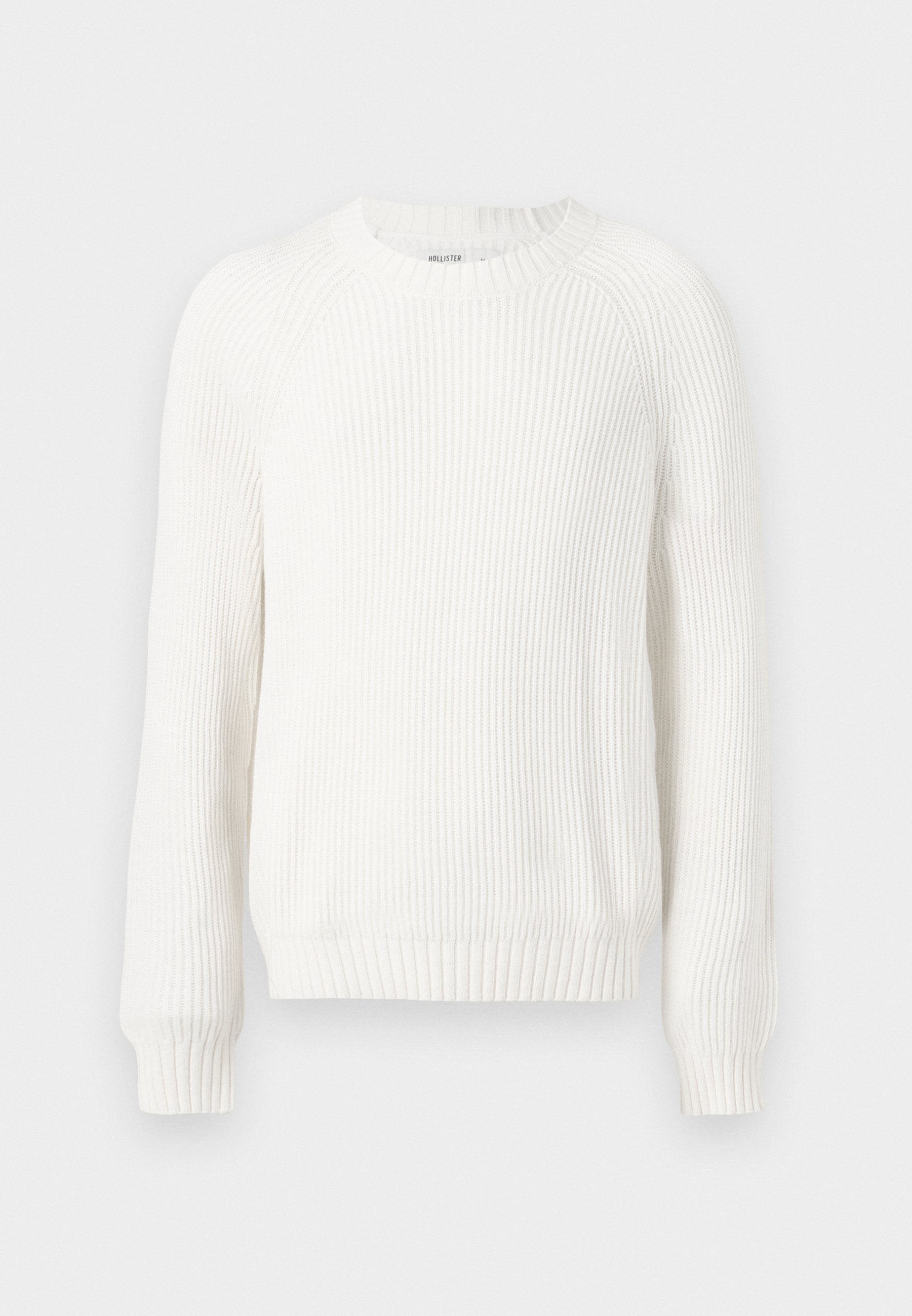 Weißer gerippter Pullover mit rundem Halsausschnitt, überschnittenen Schultern und langen Ä sleeves. Verfügt über strukturierten Stoff und einen geraden Saum.