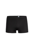 Schwarze Schwimmshorts aus einem glatten, dehnbaren Material. Einfaches Design mit einem mittelhohen Bund und ohne Muster oder Metallteile.