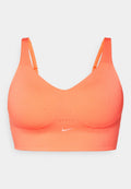Oranges Sport-BH mit glatter Textur, verstellbaren Trägern und einem dezenten Nike-Logo. Verfügt über ein nahtloses Design und leichte Polsterung.