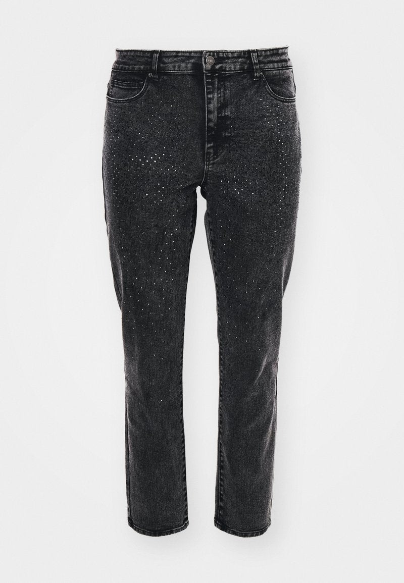 Schwarze Denim-Jeans mit geradem Schnitt und zusätzlichen Strassbefestigungen an der Vorderseite für Details. Klassische Fünf-Taschen-Optik.
