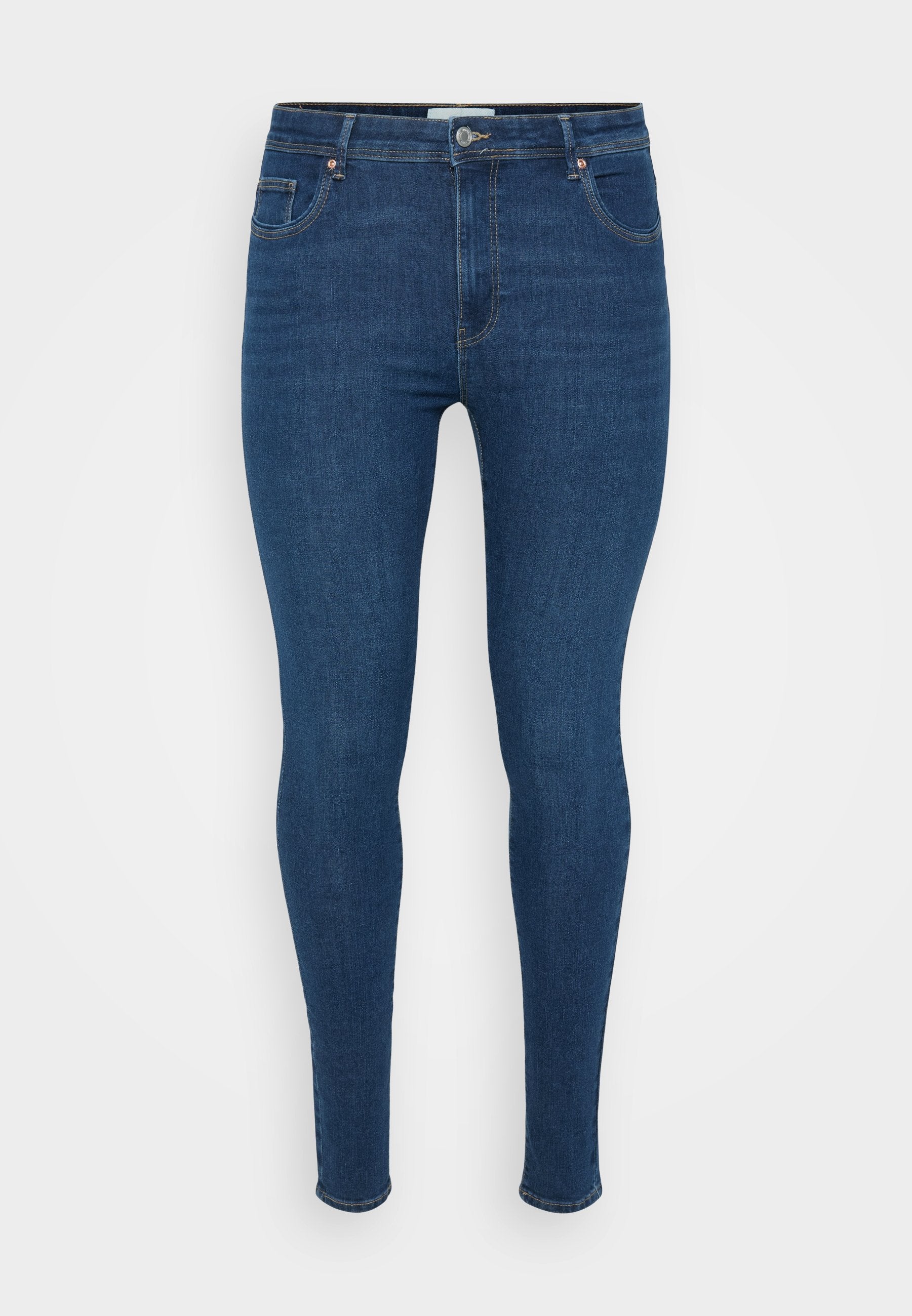 Dunkelblaue Skinny-Jeans aus Denim, mit einem klassischen Fünf-Taschen-Design, flachem Vorderteil und einem Metallknopfverschluss an der Taille.